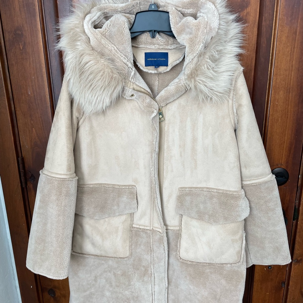 Adrienne Vittadini Cream Faux-Shearling Hooded Coat with Fur Trim